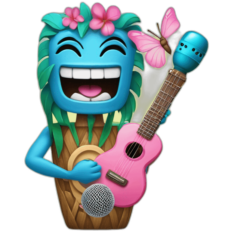 Cartoon Blue and pink tiki singing with butterfly and in the mikrophone emoji