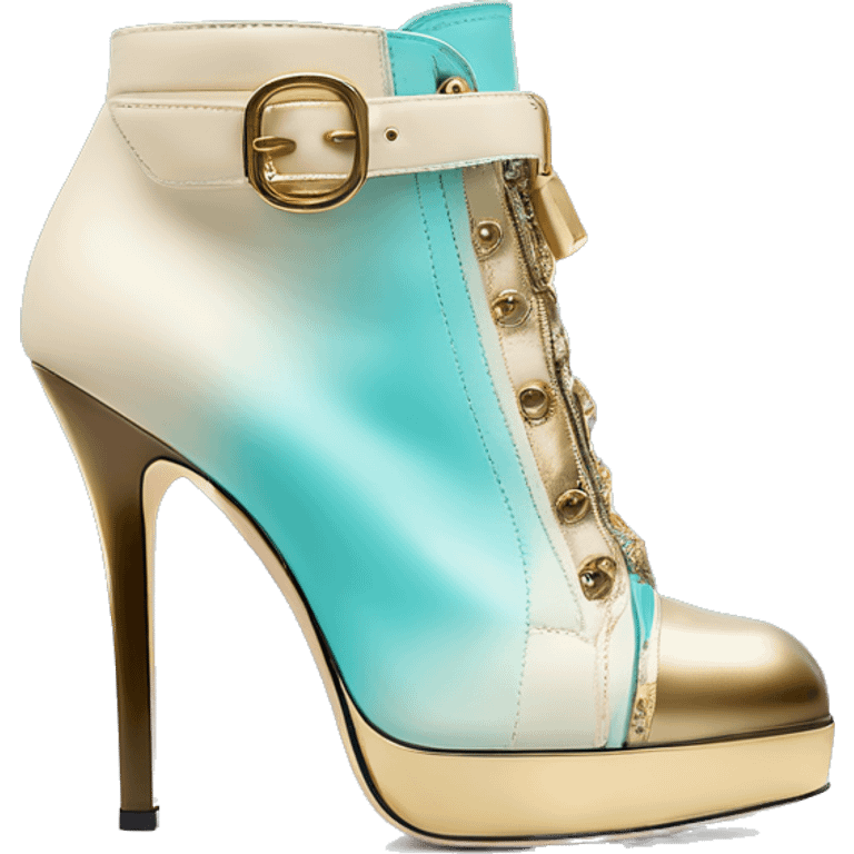 Hyper Realistic isolated front facing view of a pair of light tiffany blue ,cream,and gold ombre Jimmy Choo zippered peppe toe Stiletto Heel ankle bootie boots. emoji