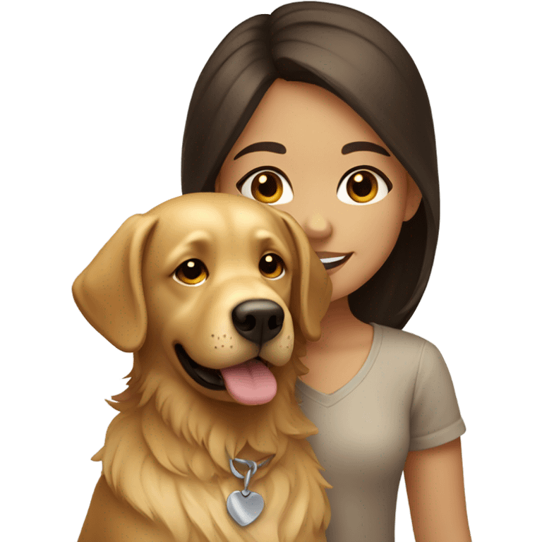 Smiling girl with long dark brown hair and a small shaggy golden Labrador dog with brown eyes emoji