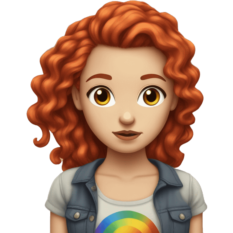 a white girl with long red curly hair in a pony tail with rainbow shirt being bad ass emoji