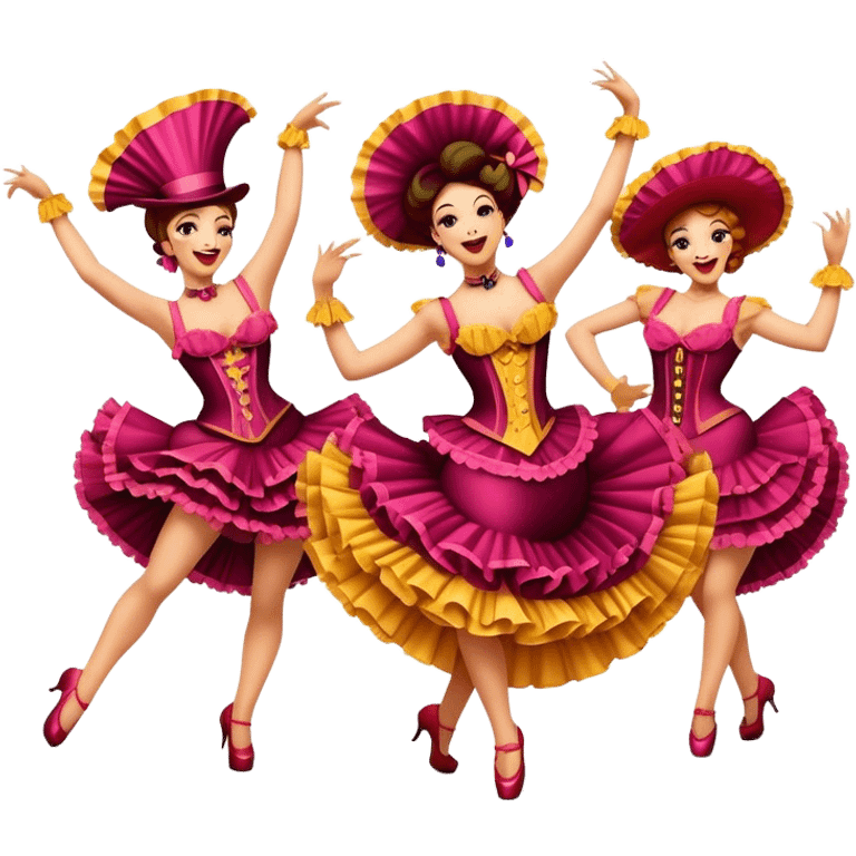 Cinematic Realistic Can-can Dance Emoji, depicted as a lively cabaret dance scene with flouncy costumes and dynamic energetic movement, rendered with vibrant textures and playful theatrical lighting that captures the spirit of French cabaret. emoji