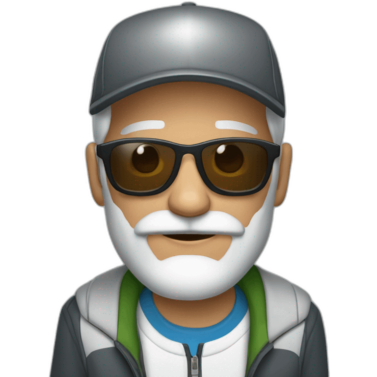 gray-haired man with a beard and mustache in sunglasses wearing a baseball cap on his head in a sports jacket emoji