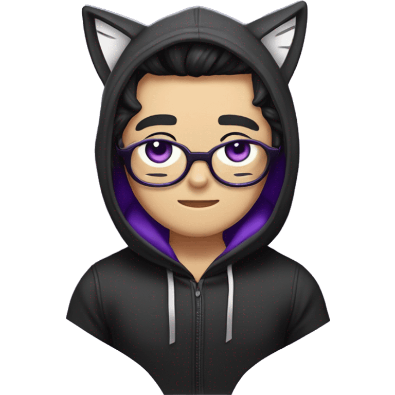 Male human upper body with cat whiskers and black/white hair divided in the middle, dressed in a black hoodie with cat ears and Lilia ear muffs and purple ribbons, eye color also purple. emoji