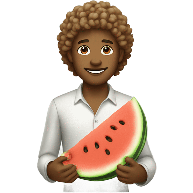 light brown male with curly hair holding watermelon emoji