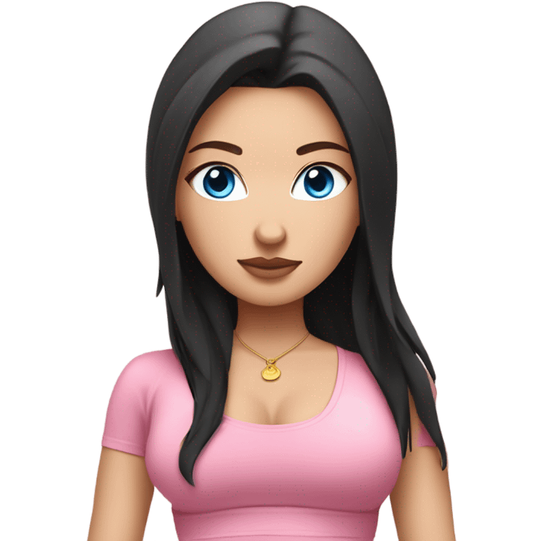 white girl blue eyes with long black hair, sitting in a lotus position, wearing pink bra top and white short skirt emoji