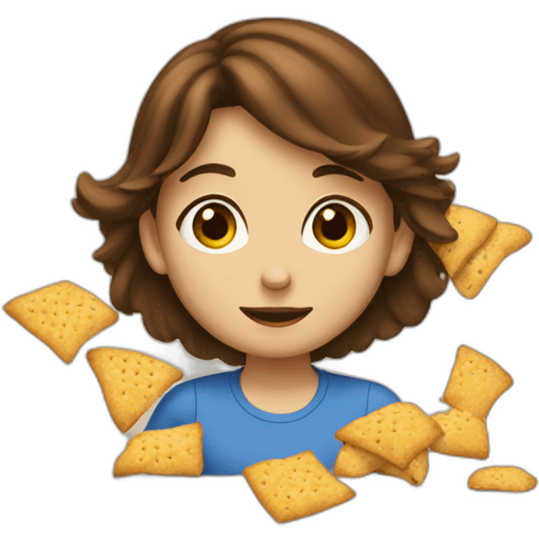 a girl with brown hair eating chipsters emoji