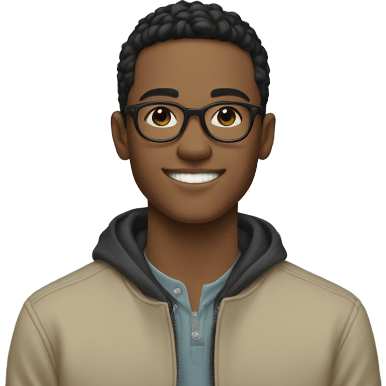 20-year-old young man, smiling, with beige jacket, circular glasses, short black hair emoji