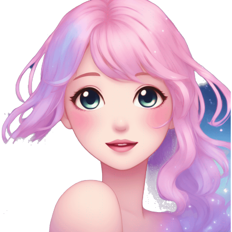 Gorgeous pastel anime style lady blushing nebula-gradient-sparkle face dreamy idol model colorful shiny stars galaxy kawaii cottagecore pearly petite simplistic aesthetic trending style emoji