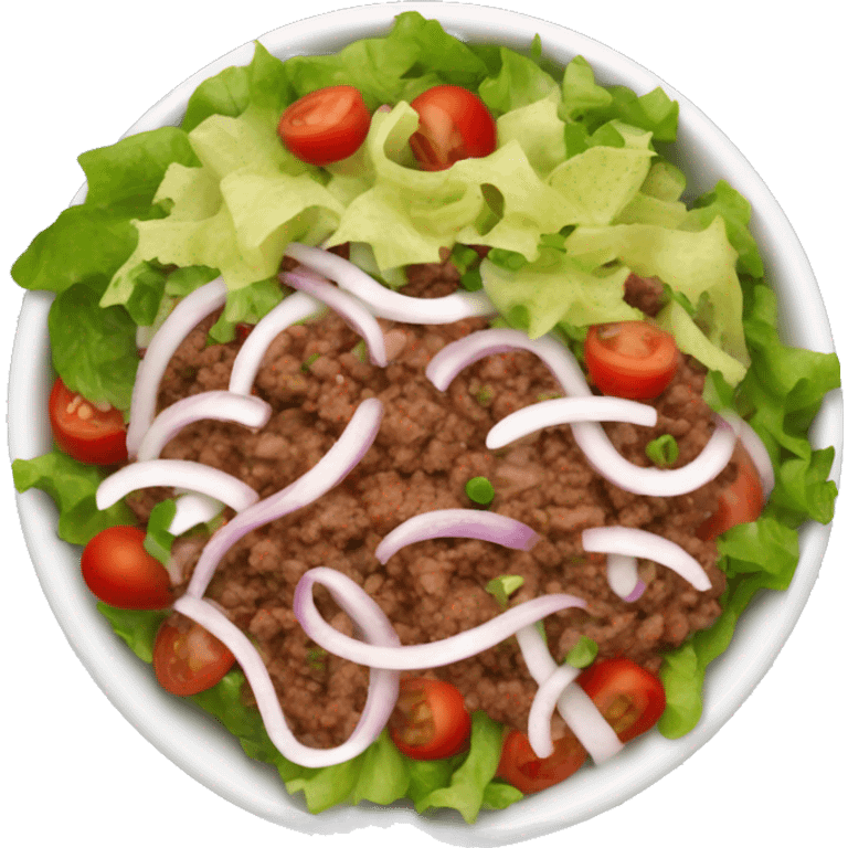 create a taco salad emoji , with minced beef , beans ,choped onions and tomato,and salad leafs in it in a bowl nothing  emoji