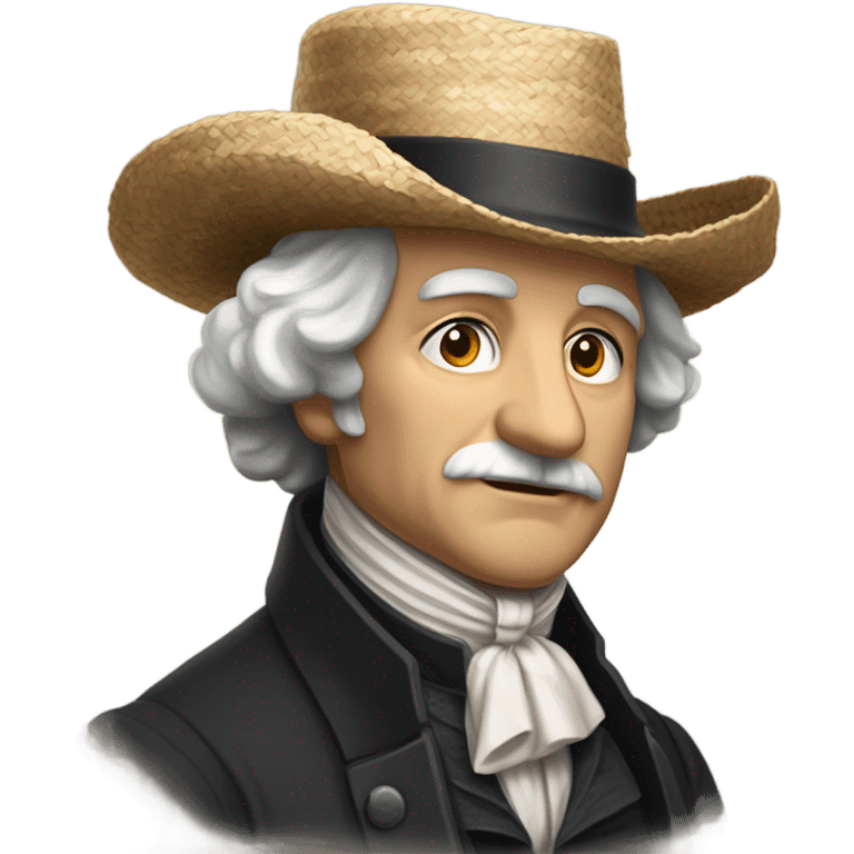 “An older male with a rounded face and calm expression, medium-to-long graying hair under a wide-brim straw hat, wearing a dark historical coat and a white ruffled cravat, evoking early 19th-century style.” emoji