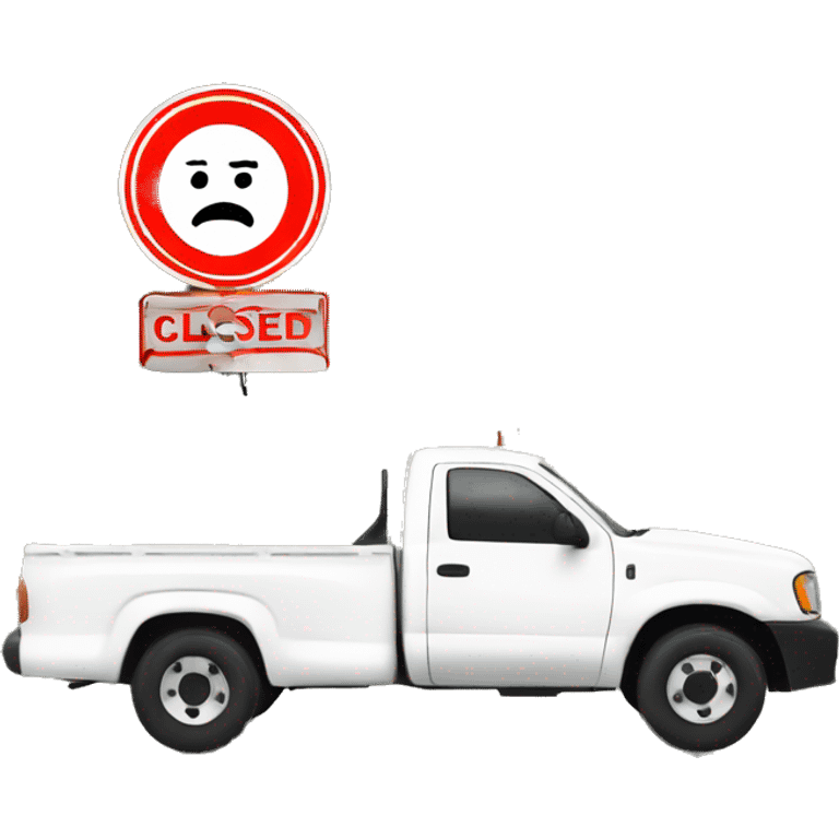 "road closed" sign tied to a white truck emoji