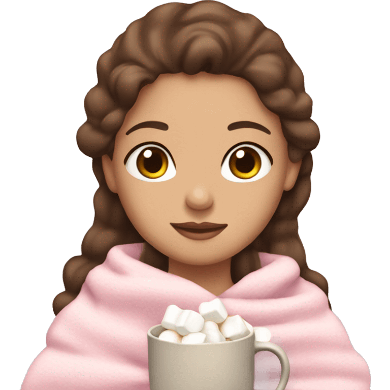 Girl with brown hair and a light pink bow wrapped in a light pink blanket drinking tea with marshmallows emoji