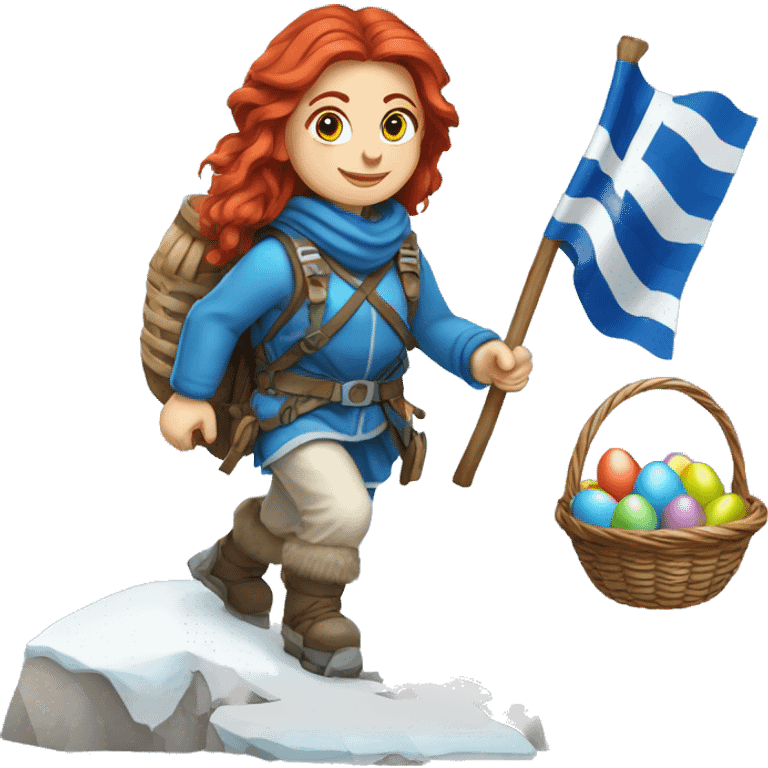 Greek Female winter mountaineer red hair white skin climbing with Greek Flag and Easter eggs basket emoji