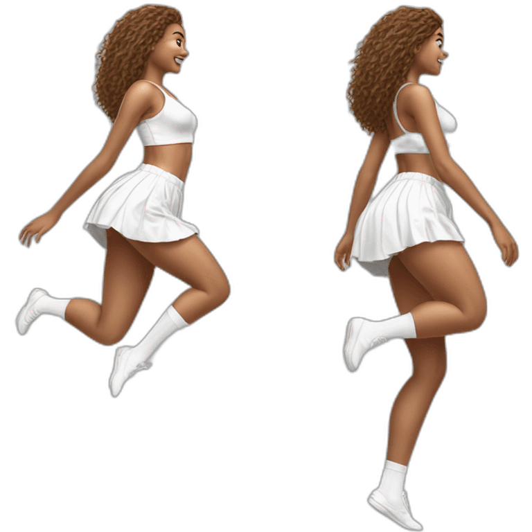 Hyperrealistic Full body Caucasian curvy beauty jumping short white skirt back and front views strong wind knickers long white socks emoji