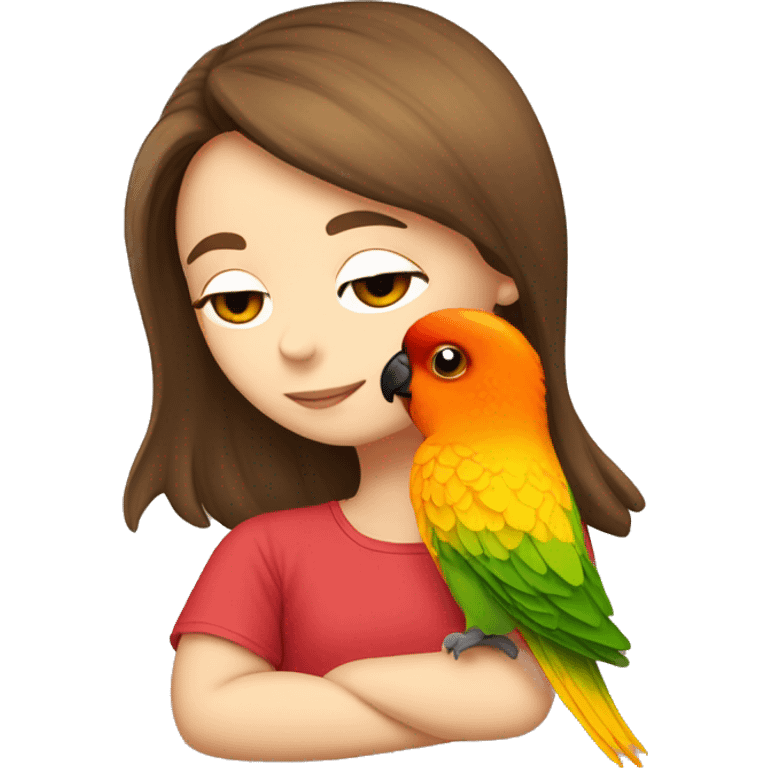 a brown haired girl kissing a sun conure on her shoulder emoji