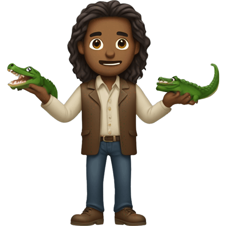 Long hair brown man holding alligator  emoji