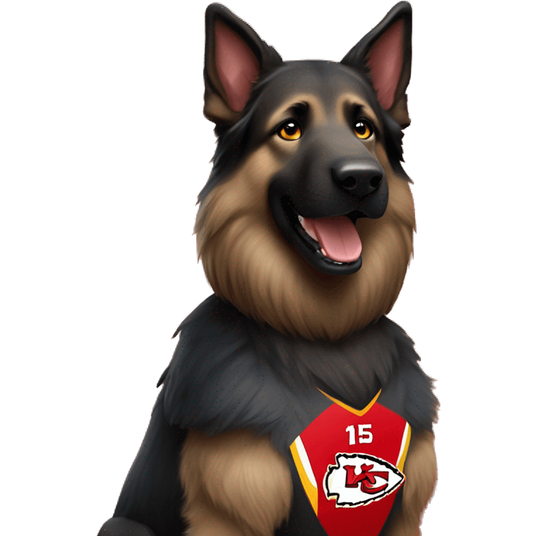 black long haired German Shepherd dog wearing a Kansas City Chiefs jersey with number 15 on the jersey  emoji