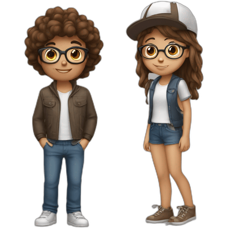 Girl with Brown Hair and glasses loves a Boy with a cap and glasses emoji