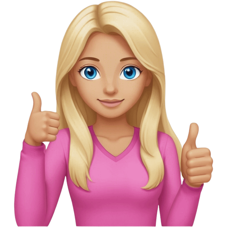 Pretty Blonde with long hair model, blue eyes In pink clothes, thumbs up emoji