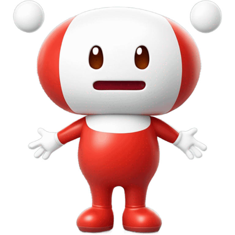 Very shiny full body character with pill capsule head with retro antennae and jetsons aesthetic  puffy body and welcoming waving arms Japanese animation inspired Anpanman with big boots and antennae red and white colors only emoji