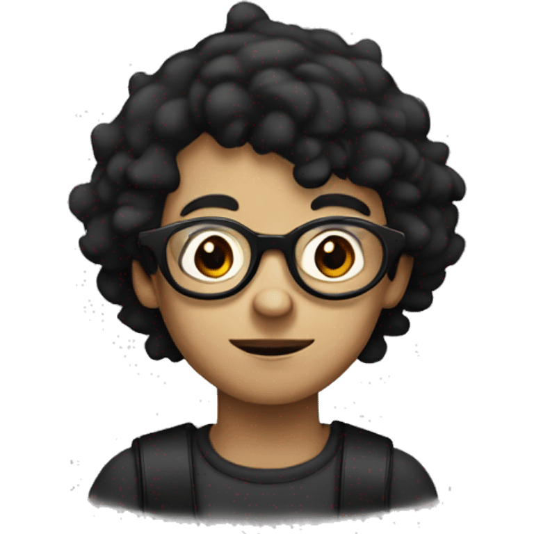 A boy with black hair behind his ears, black thin round glasses. Wearing a clown coulored costume. emoji