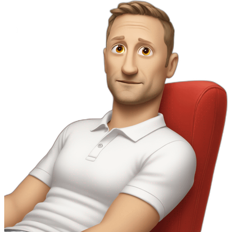 tim robinson laying down on a red couch in a white polo shirt, chest up clean shaven emoji