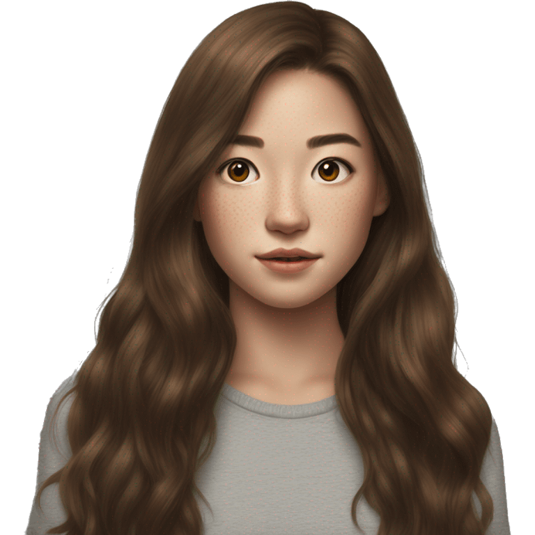 Megan Nakata long brown hair teenager, freckles, hyperreal, photoreal portrait emoji