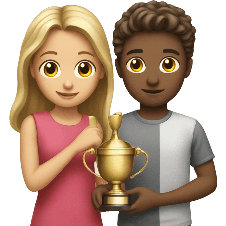 boy and girl holding trophy emoji