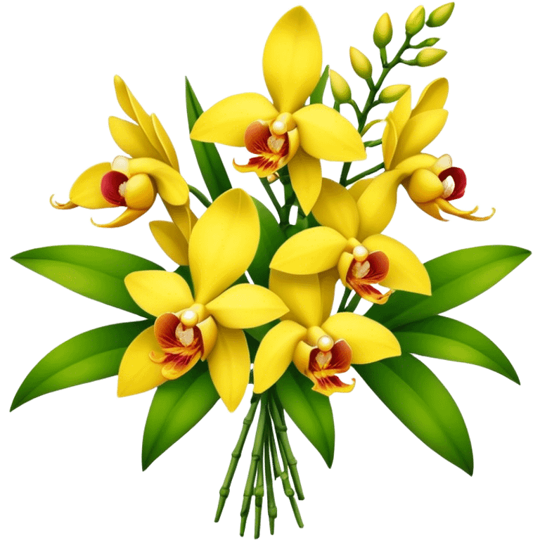 big bouquet yellow Dendrobium Orchid flower, stem, leaf emoji