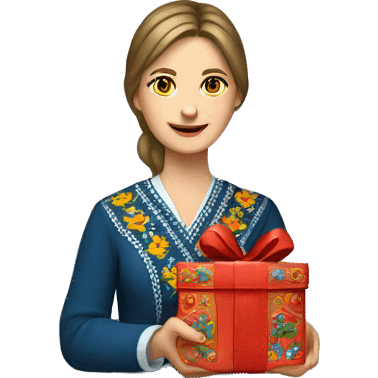 A female teacher in Ukrainian embroidery holds a gift in her hand emoji