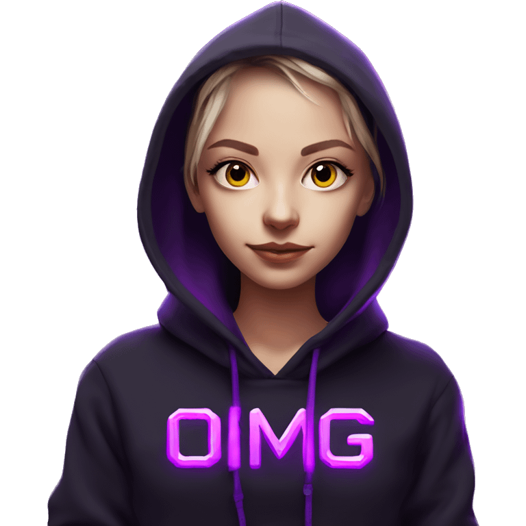 Russian girl wearing black hoody with violet letters "OMG", in vr headset. Cyberpunk style. Violet neon. emoji