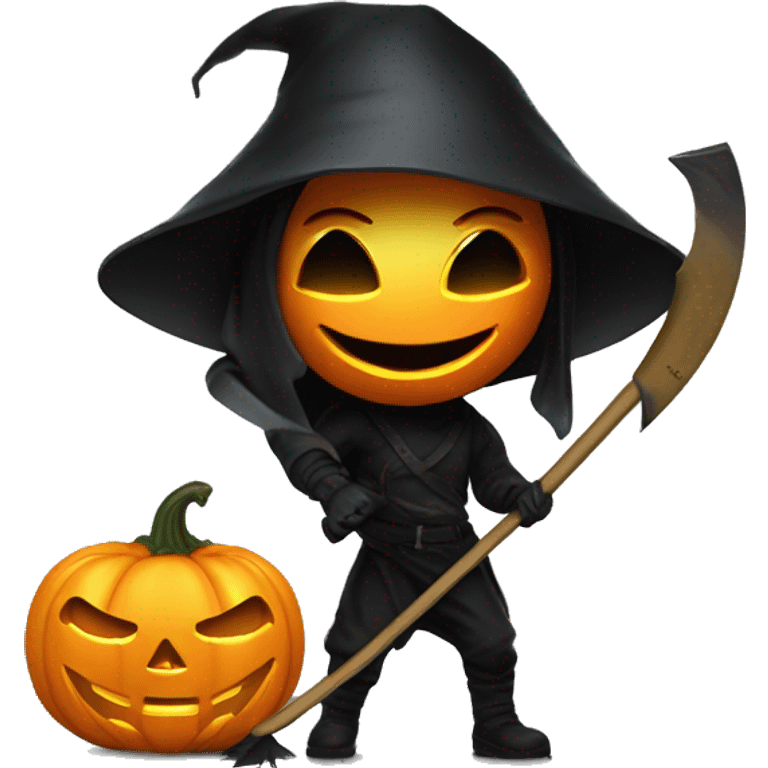 Human female pumpkin hunter with a scythe, glowing pumpkin eyes inside a black helmet, Halloween theme, emoji" emoji