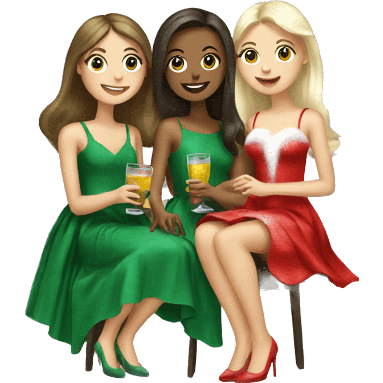 2 brunette girls and 1 blonde girl drinking together wearing Christmas tree dresses emoji