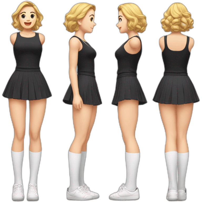 full-body-caucasian-curvy-beauty-jumping-short-black-skirt-back-and-front-views-strong-wind-white-knickers-long-white-socks emoji