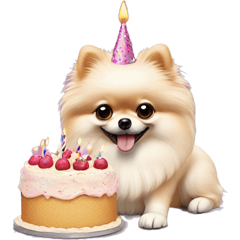 Crème Pomeranian with birthday cake emoji