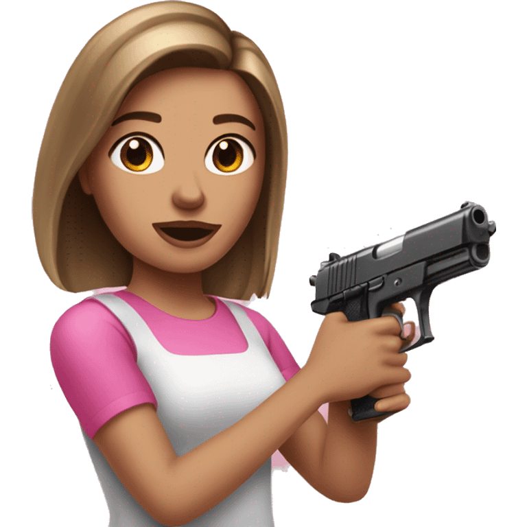 White Girl brown hair hand pink nails holding pink gun emoji