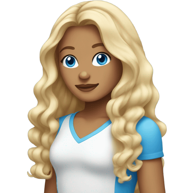 Tanned girl. Long, wavy and blonde hair. Blue eyes. emoji