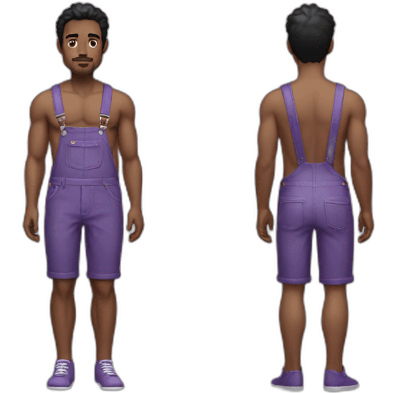 black haired man with purple overalls, no shirt, white man, no facial hair emoji