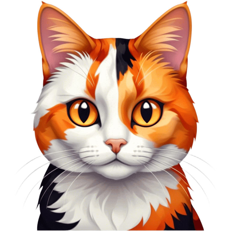 Cinematic Noble Calico Cat Portrait Emoji, Poised and regal, with a striking patchwork fur in vibrant orange, black, and white hues, delicate whiskers and a refined, focused gaze, simplified yet exquisitely detailed, glowing with a soft, moonlit radiance and an air of aristocratic elegance, high shine, exuding dignified intelligence and poised authority, soft glowing outline, capturing the essence of a watchful and noble calico cat that appears ready to grace the screen with effortless majesty! emoji