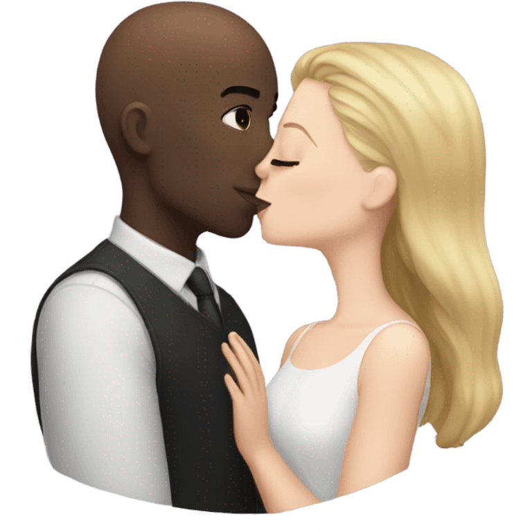 White girl dark hair kissing bald black man emoji