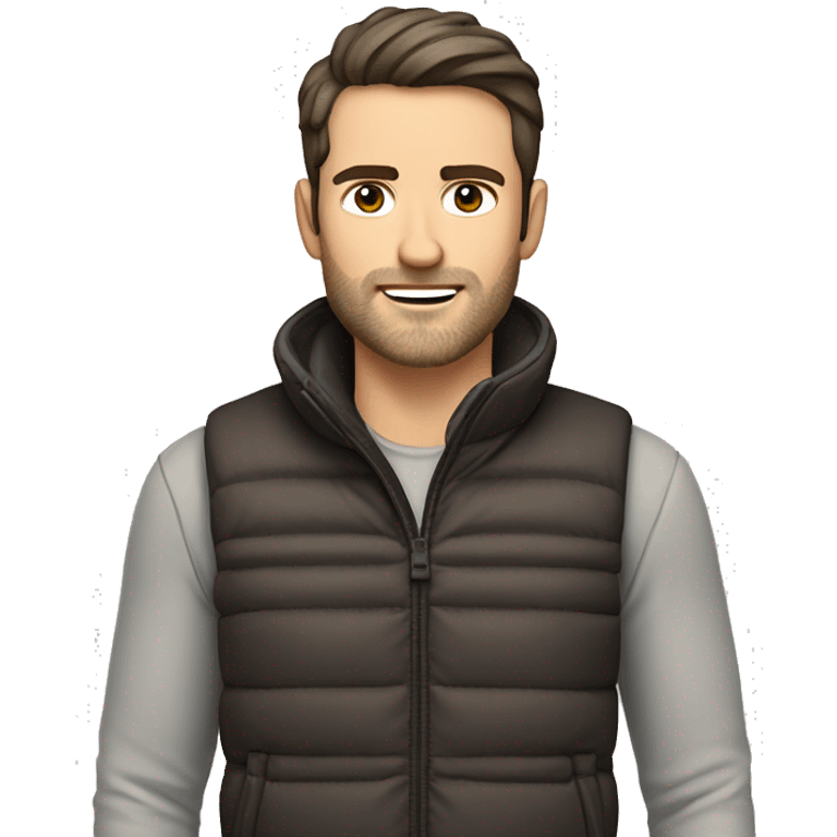 a white man with dark brown hair and stubble in a sport gilet  emoji