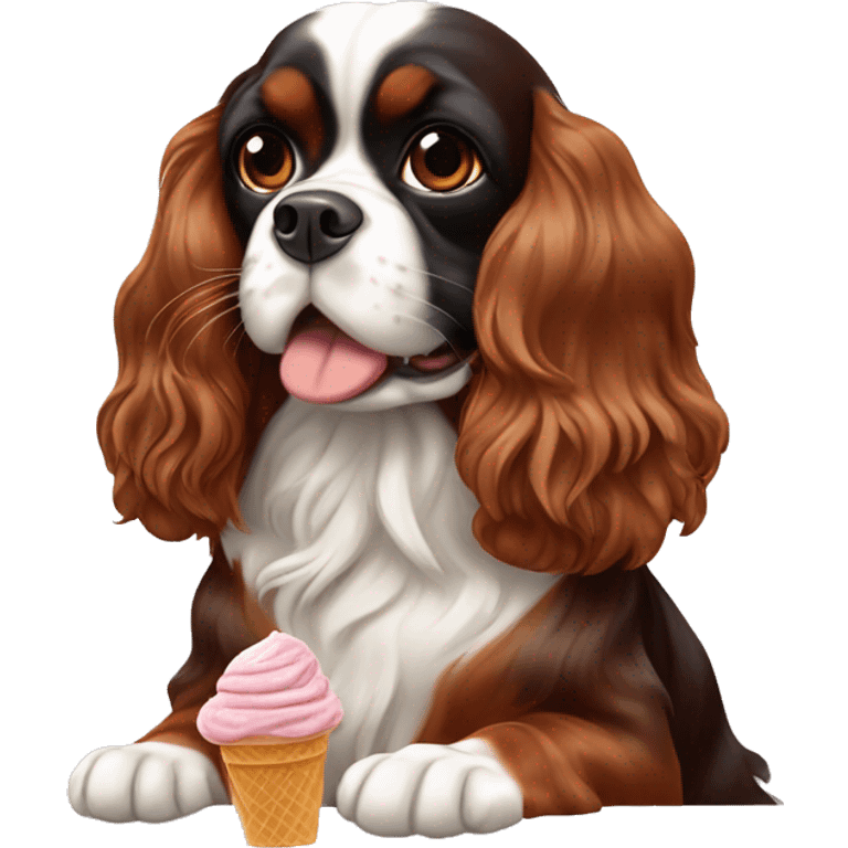 King Charles spaniel tricolor, eating chocolate ice cream emoji