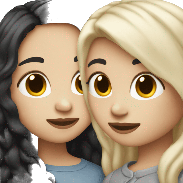 A lesbian couple who both have white skin and long black hair are in love emoji