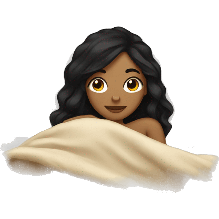 Tan girl with black hair laying in bed under blanket  emoji