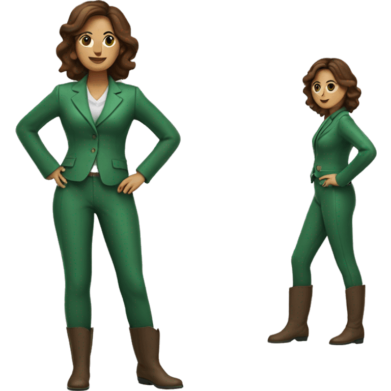 Woman with brown hair in green suit with green leather boots with rose on stomach emoji