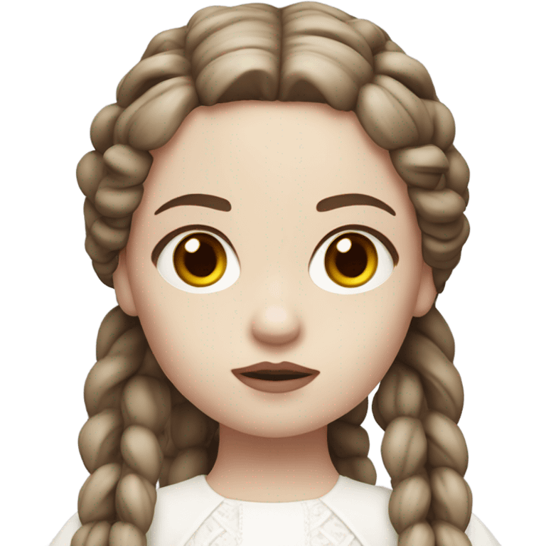 Doll with brown straight hair in braids, wearing a white dress and a serious expression. She has pale skin and a classic porcelain doll appearance, looking terrifying. emoji