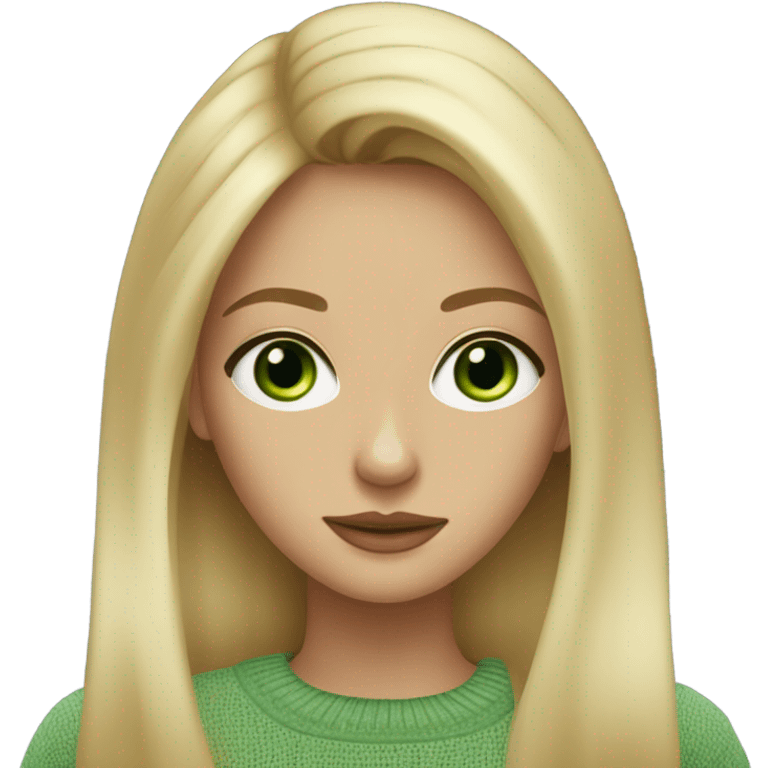 blonde girl with green eyes, smooth skin, sweater, long blow out hair, baddie, middle part emoji