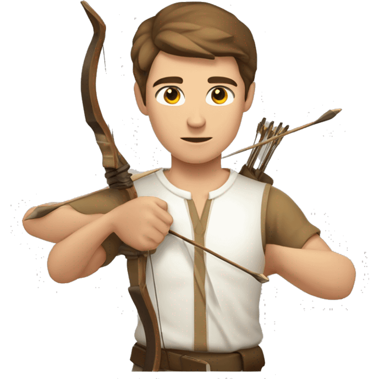 a male archer with a bow, wearing a white shirt, very short brown hair, bright skin, only show upper part of the body from waist up emoji