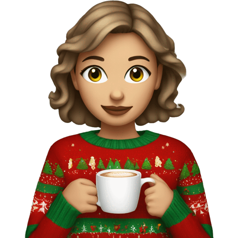 Short haired light brown girl with green eyes drinking coffee wearing Christmas sweater emoji