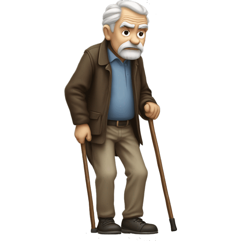 Old man leaning on a walking cane and holding his back with his hand grumpy face, detailed emoji